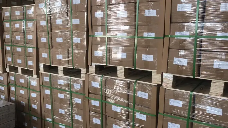 Boxed stock stacked on pallets