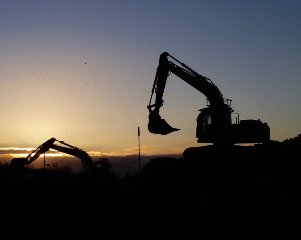 Excavators silhouetted against the sunset on a construction site