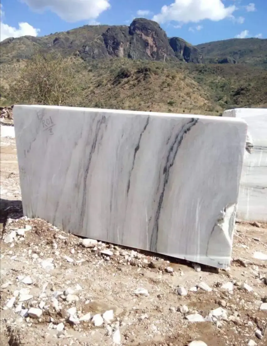 A white marble block with grey veins at the quarry